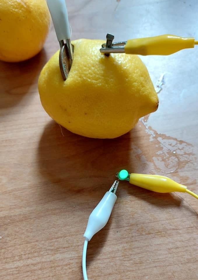 A working lemon battery and LED circuit from a school workshop